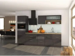 Held Möbel Küchenzeile Mailand 290 cm Grau Hochglanz-Grau Matt mit E-Geräten