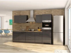 Held Möbel Küchenzeile Mailand 290 cm Grau Hochglanz-Grau Matt mit E-Geräten