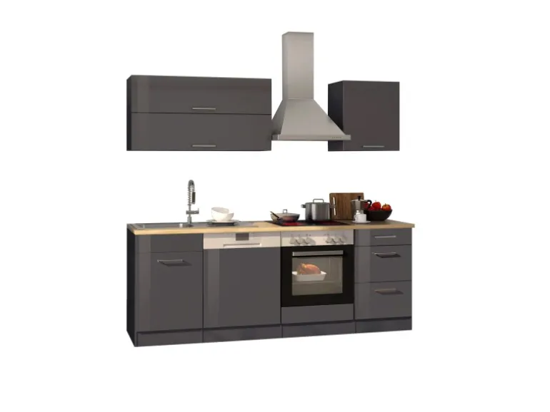 Held Möbel Küchenzeile Mailand 220 cm Grau Hochglanz-Grau Matt mit E-Geräten