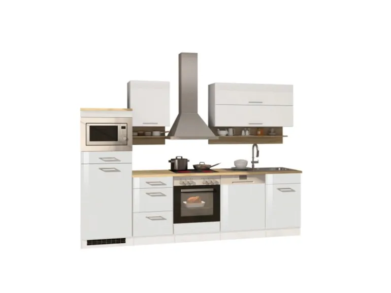 Held Möbel Küchenzeile Mailand 280 cm Weiß Hochglanz-Weiß Matt mit E-Geräten