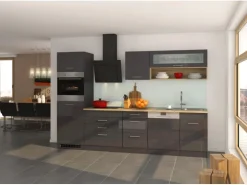 Held Möbel Küchenzeile Mailand 300 cm Grau Hochglanz-Grau Matt mit E-Geräten