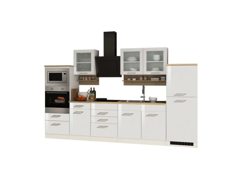 Held Möbel Küchenzeile Mailand 330 cm Weiß Hochglanz-Weiß Matt mit E-Geräten
