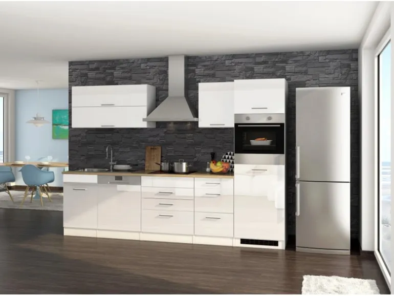 Held Möbel Küchenzeile Mailand 300 cm Weiß Hochglanz-Weiß Matt mit E-Geräten