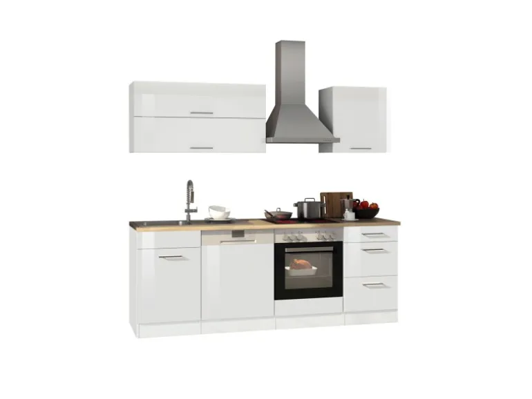 Held Möbel Küchenzeile Mailand 220 cm Weiß Hochglanz-Weiß Matt mit E-Geräten