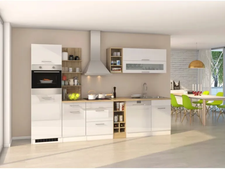 Held Möbel Küchenzeile Mailand 310 cm Weiß Hochglanz-Weiß Matt mit E-Geräten