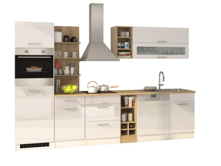 Held Möbel Küchenzeile Mailand 310 cm Weiß Hochglanz-Weiß Matt mit E-Geräten