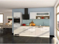 Held Möbel Küchenzeile Mailand 300 cm Weiß Hochglanz-Weiß Matt ohne E-Geräte