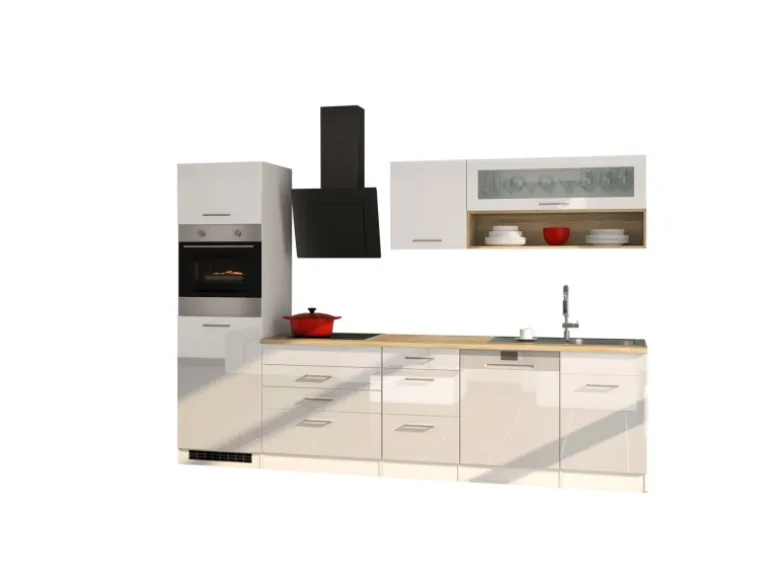 Held Möbel Küchenzeile Mailand 300 cm Weiß Hochglanz-Weiß Matt mit E-Geräten