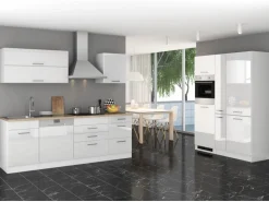 Held Möbel Küchenzeile Mailand 390 cm Weiß Hochglanz-Weiß Matt mit E-Geräten