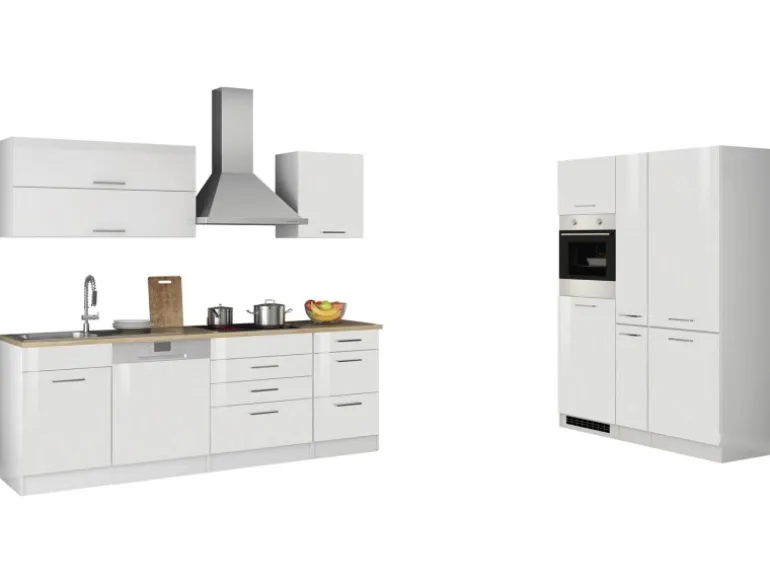 Held Möbel Küchenzeile Mailand 390 cm Weiß Hochglanz-Weiß Matt mit E-Geräten