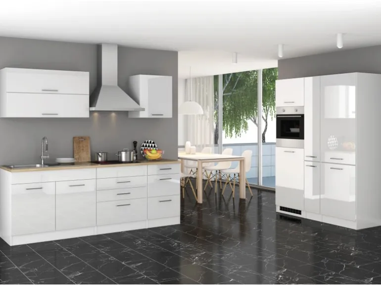 Held Möbel Küchenzeile Mailand 380 cm Weiß Hochglanz-Weiß Matt mit E-Geräten