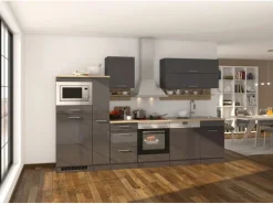 Held Möbel Küchenzeile Mailand 310 cm Grau Hochglanz-Grau Matt ohne E-Geräte