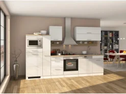 Held Möbel Küchenzeile Mailand 310 cm Weiß Hochglanz-Weiß Matt mit E-Geräten