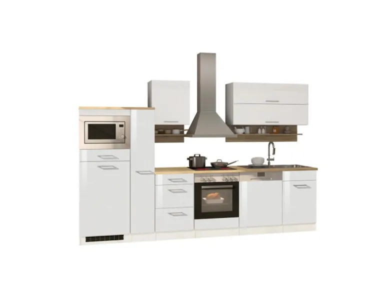 Held Möbel Küchenzeile Mailand 310 cm Weiß Hochglanz-Weiß Matt mit E-Geräten