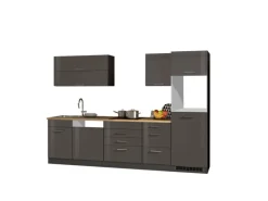 Held Möbel Küchenzeile Mailand 300 cm Grau Hochglanz-Grau Matt ohne E-Geräte