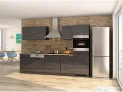 Held Möbel Küchenzeile Mailand 300 cm Grau Hochglanz-Grau Matt mit E-Geräten