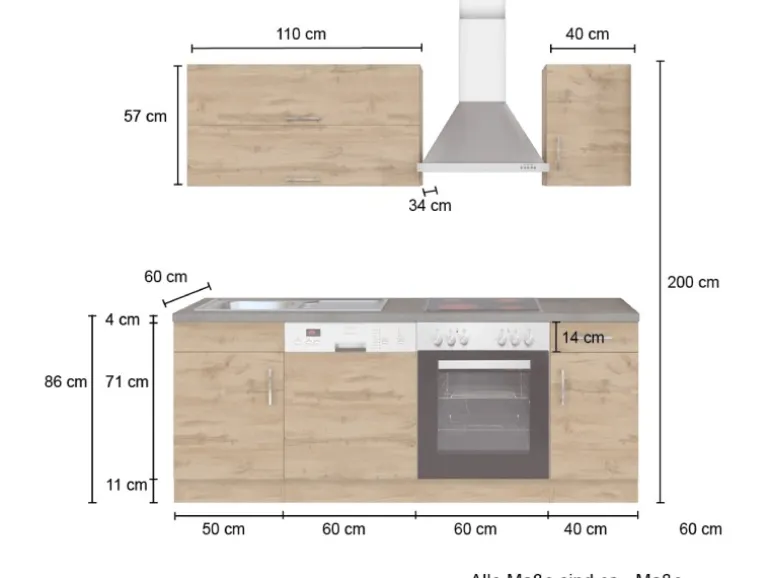 Held Möbel Küchenzeile Sorrento 210 cm Weiß-Wotaneiche