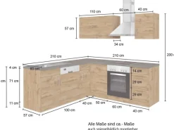 Held Möbel Küchenzeile Sorrento 210 cm Anthrazit-Wotaneiche ohne E-Geräte Winkel