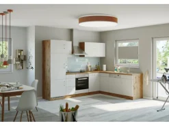 Held Möbel Küchenzeile Sorrento 210/ 270 cm Weiß-Wotaneiche o. E-Geräte Winkel