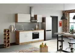 Held Möbel Küchenzeile Sorrento 210 cm Weiß-Wotaneiche ohne E-Geräte