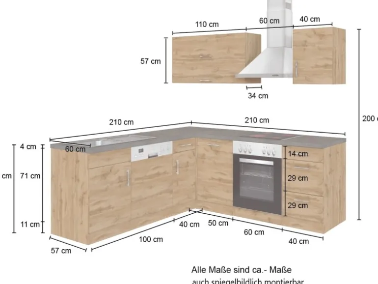 Held Möbel Küchenzeile Sorrento 210 cm Anthrazit-Wotaneiche Winkel