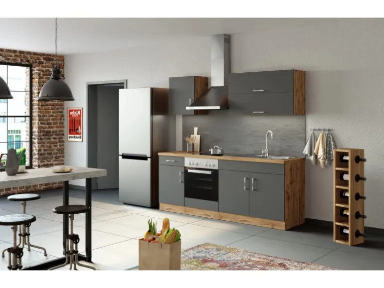 Held Möbel Küchenzeile Sorrento 210 cm Anthrazit-Wotaneiche ohne E-Geräte