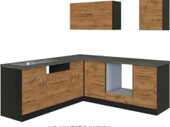 Held Möbel Küchenzeile Sorrento 210 cm Wotaneiche-Grafit ohne E-Geräte Winkel