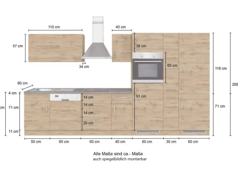 Held Möbel Küchenzeile Sorrento 360 cm Wotaneiche-Grafit