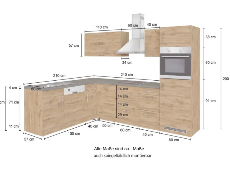 Held Möbel Küchenzeile Sorrento 210/270 cm Anthra.-Wotaneiche o. E-Geräte Winkel
