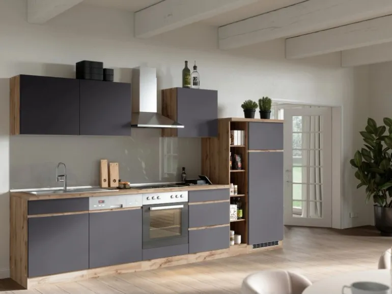 Held Möbel Küchenzeile Turin 330 cm Graphit-Wotaneiche mit E-Geräten