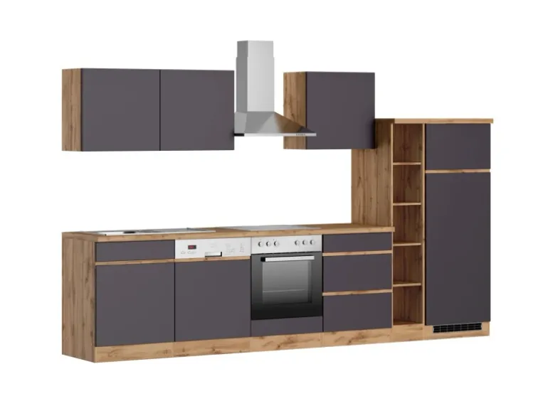 Held Möbel Küchenzeile Turin 330 cm Graphit-Wotaneiche mit E-Geräten