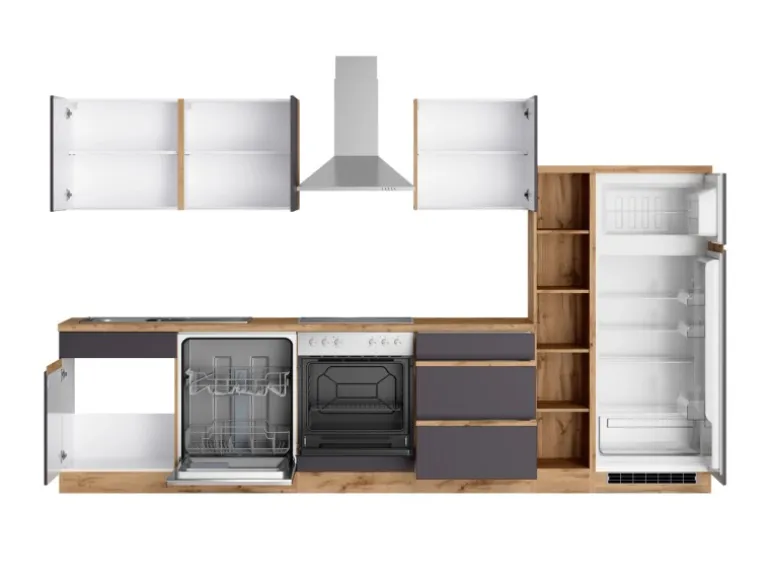 Held Möbel Küchenzeile Turin 330 cm Graphit-Wotaneiche mit E-Geräten