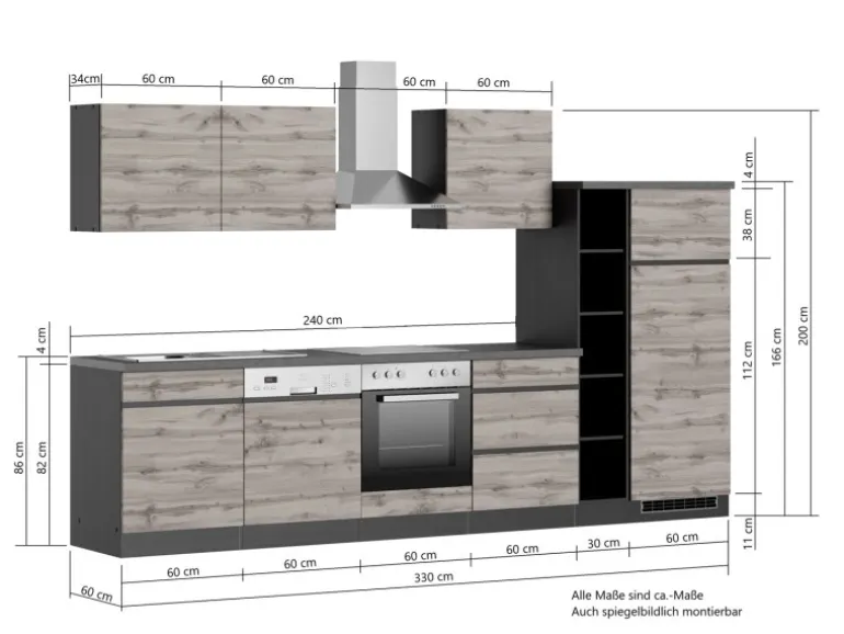 Held Möbel Küchenzeile Turin 330 cm Graphit-Wotaneiche mit E-Geräten