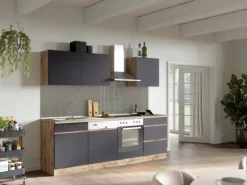 Held Möbel Küchenzeile Turin 240 cm Graphit-Wotaneiche mit E-Geräten