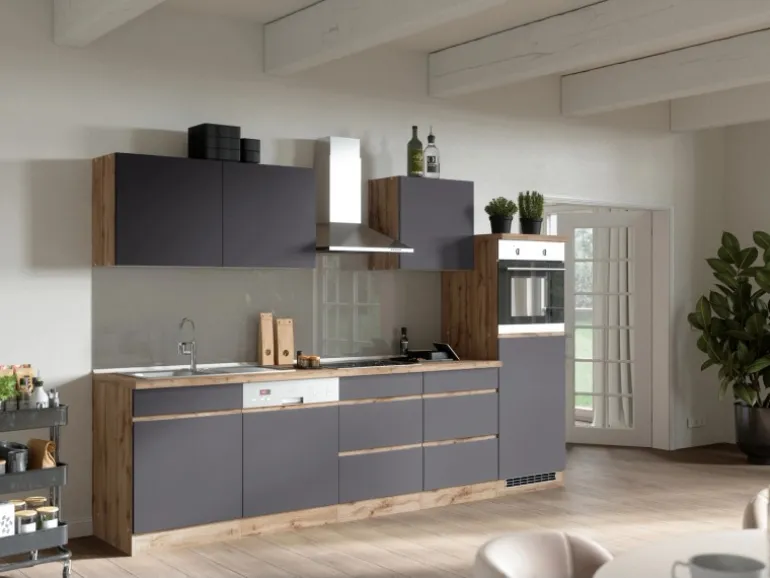 Held Möbel Küchenzeile Turin 300 cm Graphit-Wotaneiche mit E-Geräten