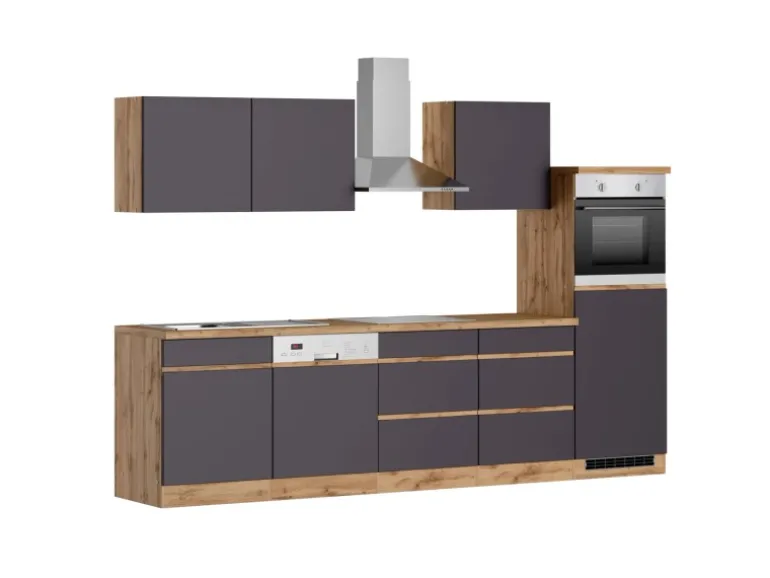 Held Möbel Küchenzeile Turin 300 cm Graphit-Wotaneiche mit E-Geräten