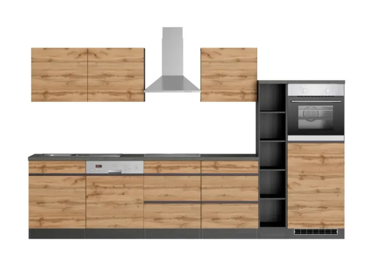 Held Möbel Küchenzeile Turin 330 cm Wotaneiche-Graphit mit E-Geräten