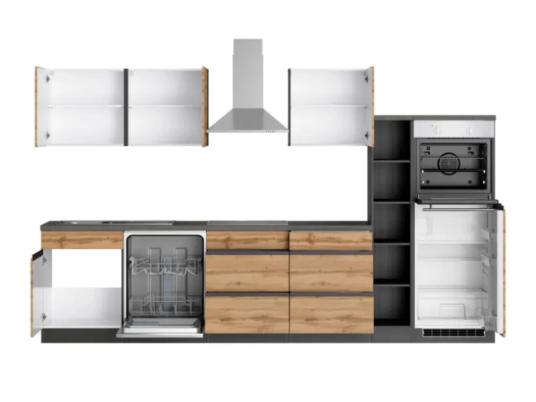 Held Möbel Küchenzeile Turin 330 cm Wotaneiche-Graphit mit E-Geräten