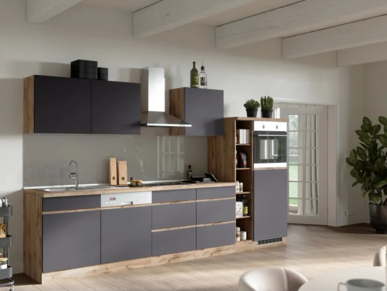 Held Möbel Küchenzeile Turin 330 cm Graphit-Wotaneiche mit E-Geräten