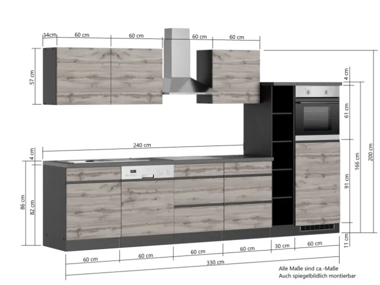 Held Möbel Küchenzeile Turin 330 cm Graphit-Wotaneiche mit E-Geräten