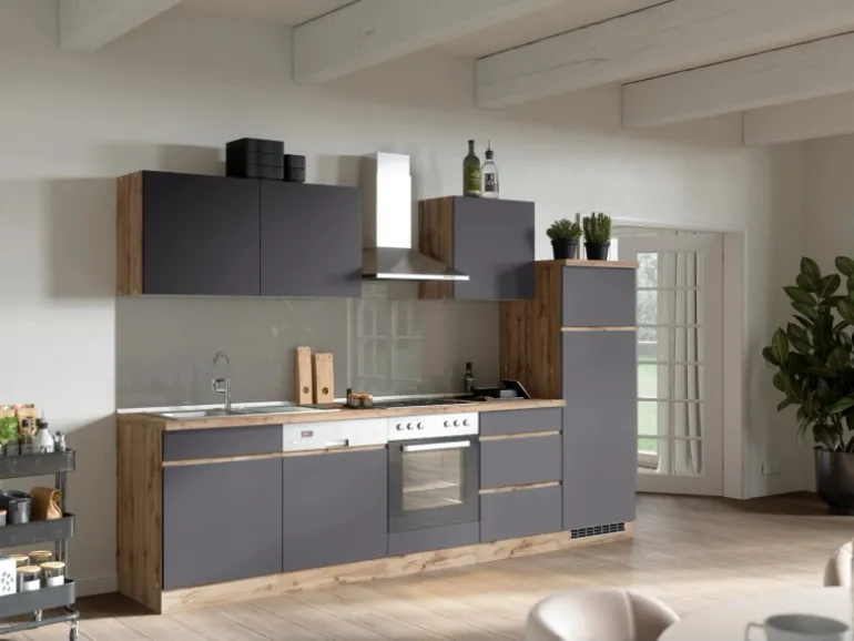 Held Möbel Küchenzeile Turin 300 cm Graphit-Wotaneiche mit E-Geräten