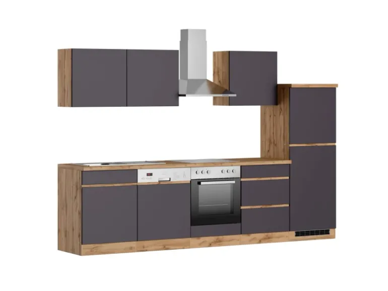 Held Möbel Küchenzeile Turin 300 cm Graphit-Wotaneiche mit E-Geräten