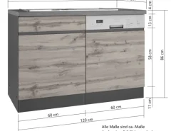 Held Möbel Spülenunterschrank Turin 120cm mit GSP-Blende Graphit/WotanEiche