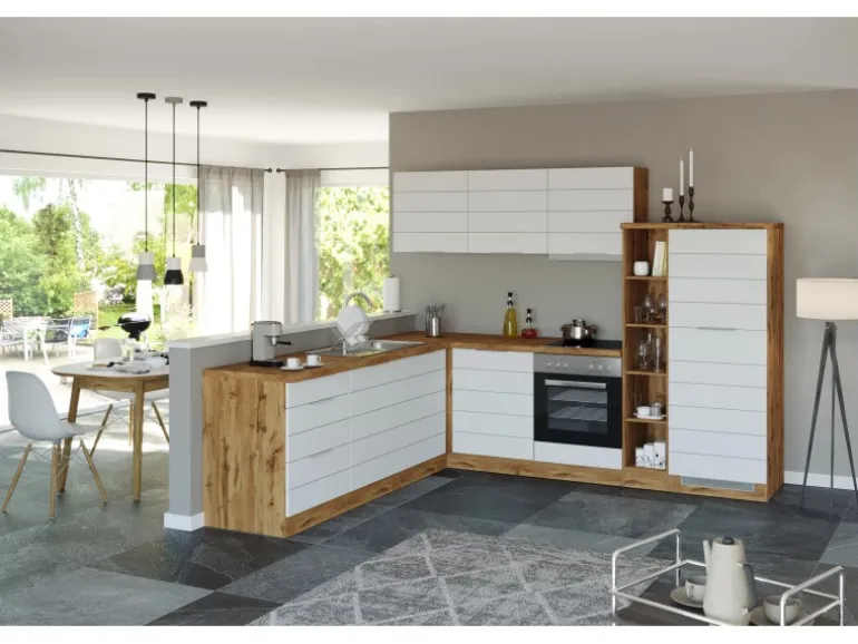 Held Möbel Winkelküche 240 cm - 270 cm Matt Weiß-Wotaneiche ohne E-Geräte