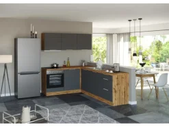 Held Möbel Winkelküche 240 cm - 180 cm Matt Grau-Wotaneiche