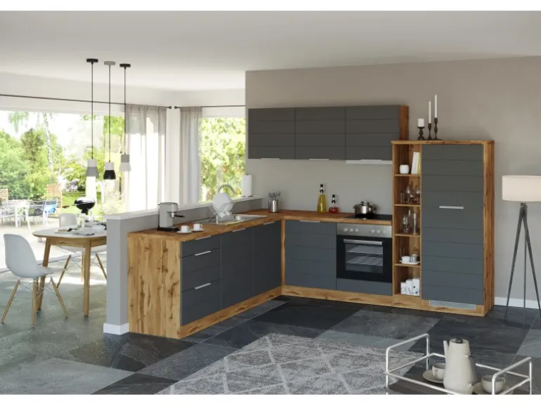 Held Möbel Winkelküche 240 cm - 270 cm Matt Grau-Wotaneiche ohne E-Geräte