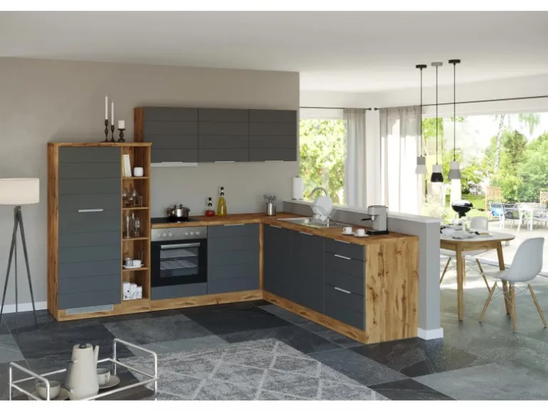 Held Möbel Winkelküche 240 cm - 270 cm Matt Grau-Wotaneiche ohne E-Geräte