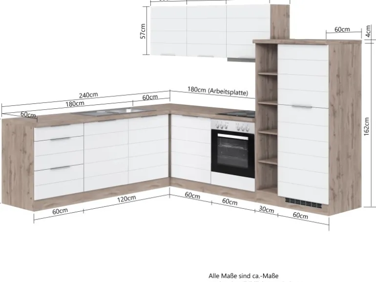 Held Möbel Winkelküche 240 cm - 270 cm Matt Grau-Wotaneiche ohne E-Geräte