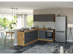 Held Möbel Winkelküche 240 cm - 180 cm Matt Grau-Wotaneiche ohne E-Geräte