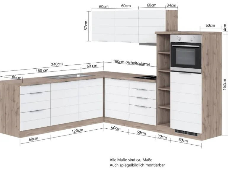 Held Möbel Winkelküche 240 cm - 270 cm Matt Weiß-Wotaneiche ohne E-Geräte